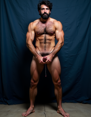 Enomao. Hombre de 35 años, cuerpo completo de pies a cabeza, pose frontal de pie, cuerpo delgado, rostro rudo con mandíbula cuadrada y ceño fruncido, barba abundante negra descuidada de varios días, nariz ancha, cicatriz pequeña en la ceja izquierda, mirada intimidante, pelo negro largo y despeinado, cuello grueso con tendones marcados, hombros anchos y trapecios abultados, pectorales enormes y duros con sombras profundas bajo cada músculo, pezones oscuros rodeados de vello negro denso, vello negro abundante cubriendo todo el pecho extendiéndose hacia el abdomen, abdominales definidos con seis bloques marcados y venas visibles, línea de vello negro desde el ombligo bajando, oblicuos duros con sombras que acentúan cada fibra muscular, brazos con bíceps y tríceps marcados y muy definidos, venas prominentes en los antebrazos, vello negro espeso en antebrazos y dorso de las manos, manos con nudillos anchos y dedos fuertes, piel con suciedad natural como grasa de trabajo y tierra en pecho brazos y piernas, manchas de mugre en los antebrazos y marcas de sudor seco, muslos marcados con cuádriceps separados y definidos cubiertos de vello negro abundante, pantorrillas duras en tensión con vello oscuro, pies descalzos plantados en suelo de hormigón, iluminación lateral dura que proyecta sombras profundas en cada grupo muscular resaltando la masa y la fuerza bruta, ambiente de atmósfera cruda y masculina, fotografía hiperrealista, textura de piel visible con poros y imperfecciones. Tiene un pene erecto masculino de 38,5 cm de longitud y 8,5 cm de diámetro, proporciones perfectas, glande grueso y pronunciado con corona marcada, color rosado oscuro en la cabeza contrastando con el tono bronceado del tronco, venas gruesas y ramificadas recorriendo toda la extensión del falo desde la base hasta el glande, piel tensa y brillante por la erección máxima, prepucio retraído mostrando el frenillo, testículos grandes y pesados colgando en escroto arrugado, cubiertos de vello púbico oscuro y denso, pelo rizado extendiéndose hacia la base del pene, piel escrotal con textura visible y poros definidos, venas visibles en los testículos, posición frontal ligeramente angular, iluminación de estudio con sombras suaves que resaltan cada relieve y textura, fotografía hiperrealista, ultra alta definición 4K, texturas extremadamente detalladas, colores naturales de piel humana, acabado cinematográfico.

El fondo de la imagen es un azul ultramar intenso y profundo, con ondas de tela que ondean como si fueran arrastradas por el viento, creando un movimiento dinámico con la figura. La textura ondulante, similar a la seda, añade una capa de profundidad y sensibilidad a la escena, contrastando con la crudeza y pasión del acto sexual.

La fotografía realista, con genitales anatómicamente correctos y proporciones naturales, sin distorsión, busca capturar la esencia cruda y visceral del momento, sin adornos ni censuras. El enfoque en el punto del pene visible desde un ángulo lateral, busca resaltar la intensidad y la conexión del hombre y su entorno, inmerso en un acto de pasión y deseo. El contenido explícito para adultos es una representación auténtica y sin tapujos de la intimidad y el deseo humano, sin rodeos ni evasivas.