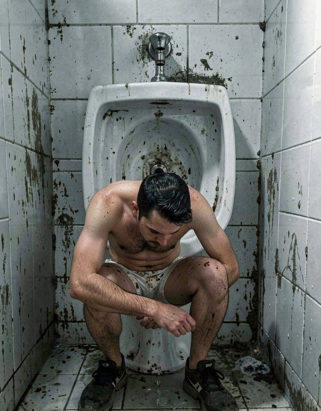 Un hombre semidesnudo, con el torso descubierto y unos calzoncillos claros manchados, está agachado en cuclillas dentro de un urinario público extremadamente sucio, con la cabeza inclinada y una expresión abatida o agotada. Las paredes de azulejos blancos y el suelo están cubiertos de salpicaduras oscuras, barro o restos de suciedad, creando una escena degradada, insalubre y claustrofóbica. Detrás de él aparece un urinario de porcelana también manchado, con la cisterna o válvula metálica visible en la parte superior. Lleva zapatillas negras y tiene manchas en las piernas y los brazos, reforzando una atmósfera de abandono, marginalidad, baño público descuidado y fuerte impacto visual.