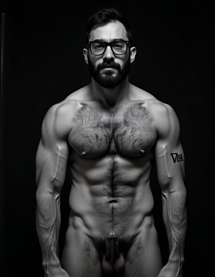 Fotografía hiperrealista en blanco y negro de un hombre adulto musculoso a la vista desde los pies hasta la cabeza, tiene cuerpo muy delgado con músculos marcados y definidos, rostro masculino, está totalmente desnudo con polla erecta de treinta centímetros de longitud y ocho centímetros de diámetro, tiene rasgos marcados duros expresivos, barba densa poblada tupida oscura estilo hipster cubriendo completamente mandíbula mentón mejillas con grosor uniforme textura abundante muy definida, bigote denso tupido oscuro conectado perfectamente con la barba completa cubriendo completamente el labio superior, pelo oscuro medio peinado completamente recto hacia arriba con volumen considerable estilo hipster moderno quiff puntas verticales texturizadas hacia el cielo con altura prominente, cejas gruesas oscuras pobladas muy marcadas definidas, gafas de montura completa negra cuadradas grandes estilo hipster moderno sobre el puente de la nariz enmarcando unos ojos oscuros intensos que miran directamente a cámara con expresión seria penetrante confiada, expresión facial seria masculina sin sonrisa con mirada directa desafiante, pómulos marcados definidos angulares, nariz recta proporcionada, labios medios apenas visibles completamente cubiertos por bigote denso que conecta con la barba hipster completa, torso desnudo muy musculoso con pectorales enormes desarrollados y definidos, hombros anchos musculosos deltoide prominentes, brazos musculosos marcados y bien definidos con bíceps y tríceps marcados visibles a ambos lados del cuerpo, abdomen tonificado marcado visible con cintura delgada marcada, piel con textura realista detallada poros imperfecciones sutiles, vello corporal denso oscuro abundante cubriendo pectorales abdomen brazos hombros con textura natural masculina muy visible. Tiene un  tatuaje en tinta negra en el bíceps del brazo derecho en tipografía negra sans-serif de tamaño mediano y proporcionado de forma clara y legible sobre la piel del bíceps del brazo derecho con las siguientes letras: hipsterbarba. Iluminación dramática lateral direccional que crea contraste alto marcado entre luces brillantes y sombras profundas resaltando la estructura facial angular la barba hipster densa las gafas cuadradas grandes el vello corporal abundante la musculatura del torso los brazos.  Tiene un  tatuaje en tinta negra en el bíceps del brazo derecho en tipografía negra sans-serif de tamaño mediano y proporcionado de forma clara y legible sobre la piel del bíceps del brazo derecho con las siguientes letras: hipsterbarba. Fondo completamente oscuro negro liso uniforme desenfocado sin distracciones, fotografía analógica en color de alto contraste con grano fotográfico sutil visible estilo retrato hipster masculino fitness, enfoque nítido absoluto perfecto en el rostro especialmente en los ojos detrás de las gafas la barba hipster densa el bigote tupido el pelo vertical el vello corporal el torso con músculos muy marcados y muy definidos. Tiene un  tatuaje en tinta negra en el bíceps del brazo derecho en tipografía negra sans-serif de tamaño mediano y proporcionado de forma clara y legible sobre la piel del bíceps del brazo derecho con las siguientes letras: hipsterbarba. Imagen con encuadre vertical desde los pies hasta la cabeza mostrando los pies desnudos las piernas peludas el pene erecto los testículos colgando con su escroto bajo todo el torso peludo los brazos musculosos peludos y la cabeza con pelo oscuro medio peinado completamente recto hacia arriba con volumen considerable estilo hipster moderno quiff puntas verticales texturizadas hacia el cielo con altura prominente, calidad fotográfica hiperrealista 8K máxima definición detalle extremo, renderizado cinematográfico fotorrealista profesional. Tiene un  tatuaje de tinta negra en el bíceps del brazo derecho en tipografía negra sans-serif de tamaño mediano de forma clara y legible sobre la piel del bíceps del brazo derecho con las siguientes letras: hipsterbarba