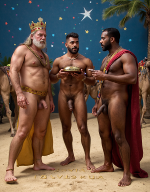 Los Reyes Magos:
Melchor es un hombre de 60 años, tiene una larga cabellera, tiene barba blanca, es de Europa. Está totalmente desnudo pero lleva corona de rey 👑, en sus manos lleva un cofre con oro. Tiene un cuerpo con músculos marcados y definidos. Tiene un pene erecto de 36 cm de longitud y 7 cm de diámetro. Tiene mucho vello corporal blanco. 💪🏼. 

Gaspar es un hombre de 30 años con rasgos asiáticos y una barba rubia, está totalmente desnudo pero lleva una corona de rey 👑, tiene un cuerpo atlético y vigoroso, tiene mucho vello corporal rubio, tiene una bandeja con incienso en sus manos.
Baltasar es un hombre de 45 años de edad proviene de África, tiene piel oscura, es moreno, lleva un tarro de mirra. Tiene cuerpo atlético con músculos muy marcados, tiene mucho vello negro rizado por todo el cuerpo, su cabello es abundante rizado y negro, tiene una barba negra abundante, tiene un enorme pene erecto de 40 cm de longitud y 9 cm de diámetro. 👑🐫🌿 💪🏼.
En el fondo hay tres camellos y la estrella de Oriente, y muchas pequeñas estrellas de colores. En la arena del suelo está escrito: “Reyes Magos” en español. Tienen la bocas abiertas suspirando placer sexual. Se miran a los ojos lujuriosamente mientras sus penes están erectos y eyaculando semen líquido blanco que sale por la punta del glande de sus penes erectos.