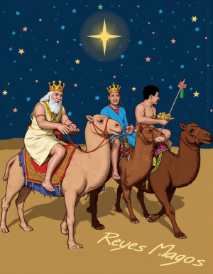Los Reyes Magos:
Melchor es un hombre de 60 años, tiene una larga cabellera, tiene barba blanca, es de Europa. Está totalmente desnudo pero lleva corona de rey 👑, en sus manos lleva un cofre con oro. Tiene un cuerpo con músculos marcados y definidos. 💪🏼. Tiene un pene erecto de 36 cm de longitud y 7 cm de diámetro. Tiene mucho vello corporal blanco. Está sentado sobre un dromedario.

Gaspar es un hombre de 30 años con rasgos asiáticos y una barba rubia, está totalmente desnudo pero lleva una corona de rey 👑, tiene un cuerpo atlético y vigoroso, tiene mucho vello corporal rubio, tiene una bandeja con incienso en sus manos. 👑🐫🌿. Está montando a un camello.
Baltasar es un hombre de 45 años de edad proviene de África, tiene piel oscura, es moreno, lleva un tarro de mirra. Tiene cuerpo atlético con músculos muy marcados, tiene mucho vello negro rizado por todo el cuerpo, su cabello es abundante rizado y negro, tiene una barba negra abundante, tiene un enorme pene erecto de 40 cm de longitud y 9 cm de diámetro. 👑🌿🐫. Está sentado en un camello.
En el fondo está la estrella de Oriente, y muchas pequeñas estrellas de colores. En el suelo está escrito: “Reyes Magos” en español. Sonríen mientras cabalgan sobre sus camellos.