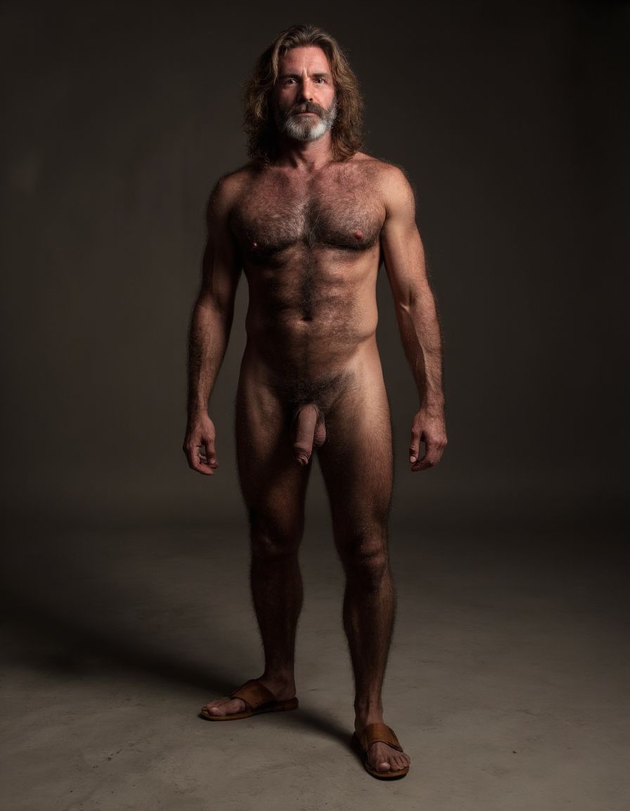 Guerrero anciano, cuerpo completamente desnudo y velludo, mostrando enorme polla venosa, moreno con pelo muy largo y barba. Tiene sandalias de color marrón en sus pies.