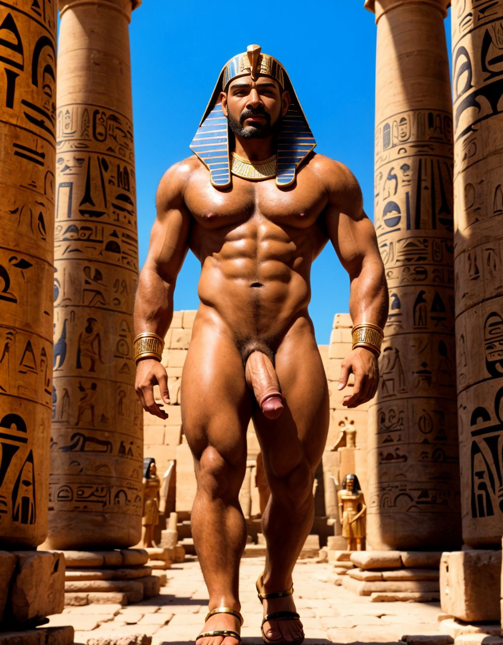 Faraón Ramsés 2 está desnudo. Tiene pene grande. Tiene testículos gordos. Tiene mucho de vello en su cuerpo. Está el dios creador Ptah de Menfis desnudo. Está el dios Amón-Re de Tebas totalmente desnudo. Está el dios solar Re-Horakhty de Heliópolis con pene grande y testículos gordos peludos. Tiene mucho vello en el pecho. Tiene sandalias en los pies. Está andando por la calle empedrada. Masturbación.