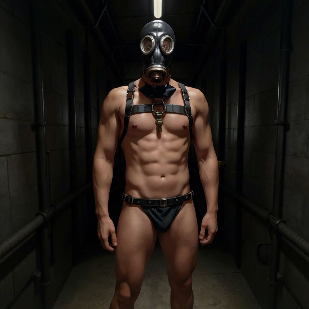 Hombre desnudo con arnes y una máscara de gas,en un ambiente BDSM, mazmorra gótica 