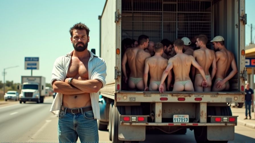 Un camionero maduro de 50 años, con una barba espesa y cabello oscuro, se encuentra de pie junto a su camión, vistiendo unos pantalones vaqueros desgastados y una camisa blanca abierta, mostrando su pecho y estómago cubiertos de vello. La camisa está desabrochada, revelando su torso musculoso y su abdomen ligeramente abultado. El camionero tiene una postura confiada, con los brazos cruzados sobre el pecho y una mirada segura.

Detrás de él, el camión está estacionado en una gasolinera de carretera, con una jaula de barrotes metálicos en la parte trasera. Dentro de la jaula, varios jóvenes completamente desnudos se apiñan, mostrando sus cuerpos atléticos y tonificados. Sus rostros están iluminados por la luz del sol, y sus ojos parecen buscar algo más allá de los barrotes de la jaula.

En el fondo, se ven coches y camiones pasando por la carretera, y otros hombres caminando hacia la gasolinera, mirando con curiosidad hacia la jaula y los jóvenes desnudos. Algunos de ellos se detienen a mirar, mientras que otros siguen caminando, pero todos parecen estar intrigados por la escena.

La imagen es hiperrealista, con detalles precisos en los cuerpos de los jóvenes y del camionero, y una iluminación que resalta las texturas y los contornos de la escena. La gasolinera y el camión están llenos de detalles, desde las letras y los logotipos en las paredes hasta las luces y los instrumentos en el tablero del camión. La foto tiene un aire de realidad cruda y sin adornos, como si hubiera sido tomada en un momento casual, sin posar ni preparación.