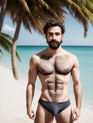 Man, beach, sun, speedo
