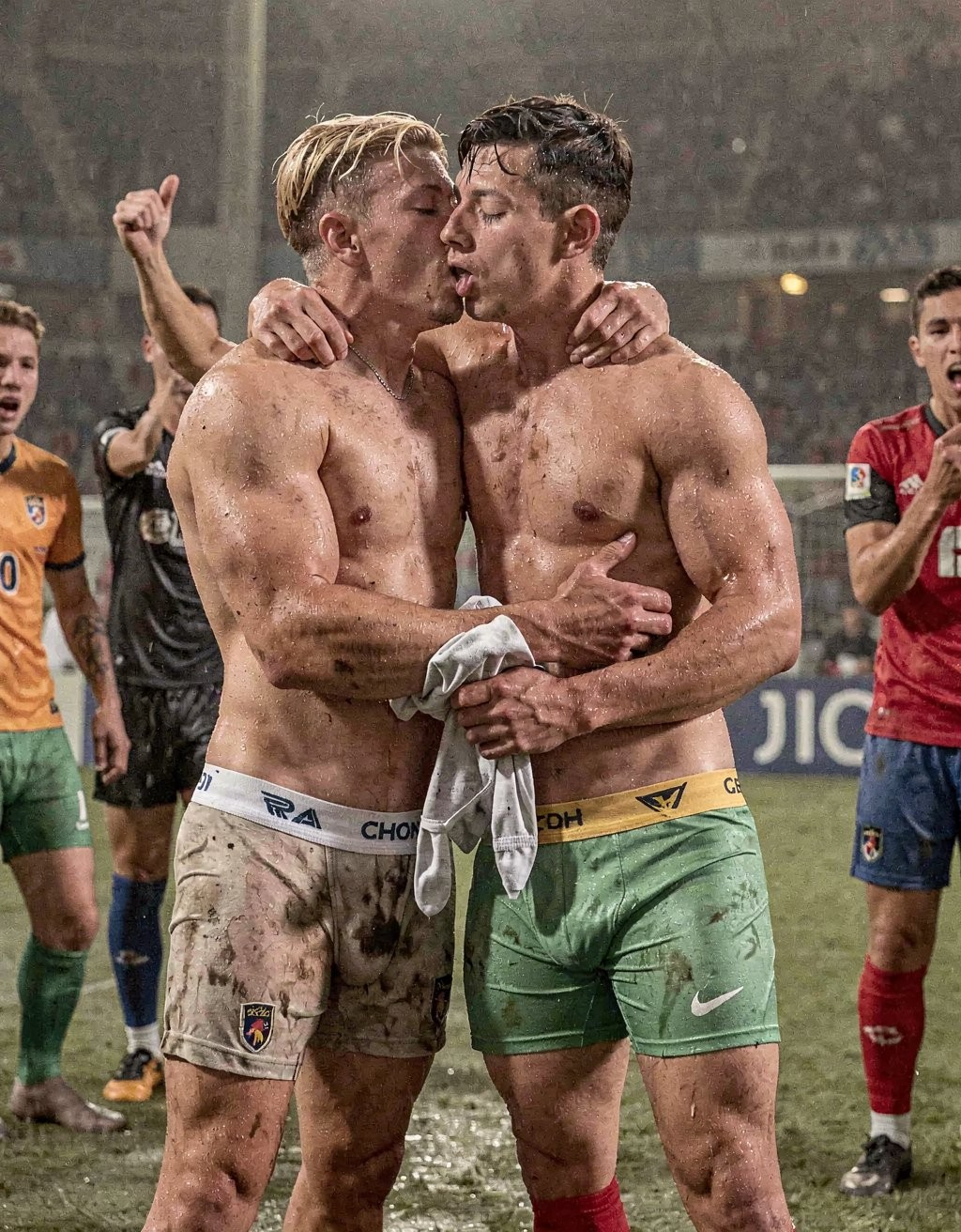 Two young soccer players, soaked and covered in mud, embrace in the center of a field under the rain while kissing in an intense celebration after a match. Both are shirtless, with wet, muscular torsos, wearing only athletic underwear or very muddy shorts; one wears a light-colored garment with a crest and the other green shorts. Their arms wrap around each other’s shoulders and waist, conveying euphoria, complicity, and exhaustion. In the background, other players in soccer uniforms appear, some raising their arms or reacting, inside a lit and wet stadium, with an atmosphere of competition, sportswear, wet grass, and collective celebration.