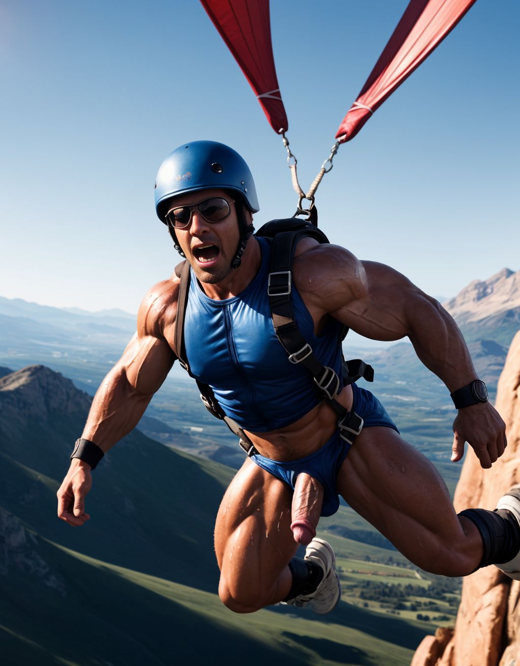 Soldado semi desnudo, pene visible, saltando en paracaídas, muscular, gafas de sol, casco, paracaídas abierto, viento en el cabello, paisaje montañoso debajo, sol brillante, expresión de adrenalina, anatomía detallada, piel realista con sudor, ropa interior desgarrada, movimiento dinámico.