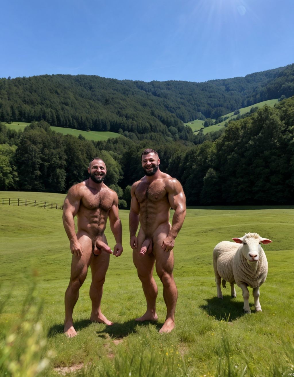 Dos hombres desnudos y muy musculados posan de pie sobre un prado verde, sonriendo a la cámara bajo un cielo azul despejado, con las colinas boscosas y campos ondulados de fondo. Ambos tienen barba, pecho velludo, cuerpos atléticos y bronceados, y están completamente descalzos, con el pene visible en una escena de desnudez al aire libre de tono naturista. A la derecha aparece una oveja blanca mirando hacia delante, aportando un contraste rural y algo surrealista a la composición. La luz solar intensa resalta la hierba, las sombras sobre los cuerpos y el paisaje campestre, creando una imagen de naturaleza, montaña, ganado y desnudo masculino en un entorno idílico.