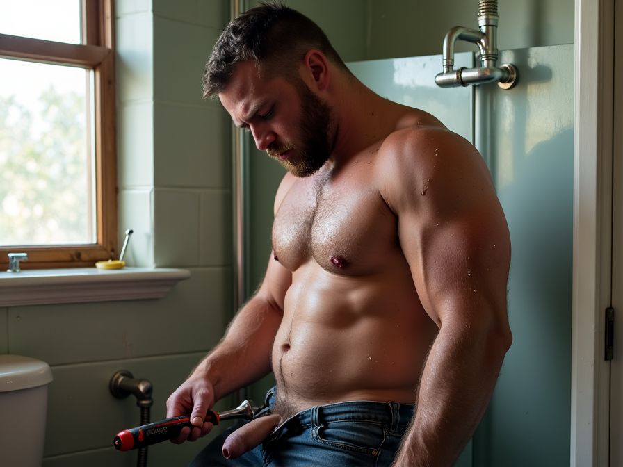 Prompt: Un hombre fornido, de torso desnudo, se encuentra en un cuarto de baño mientras repara una tubería con herramientas a su lado. Sus jeans están ligeramente desabrochados, dejando al descubierto su miembro viril en un gesto provocativo y descarado. Su piel brilla con gotas de sudor, sugiriendo el esfuerzo y el calor del trabajo. La luz que entra por la ventana resalta sus músculos bien definidos y su expresión concentrada y seductora. El ambiente es íntimo y cargado de tensión.