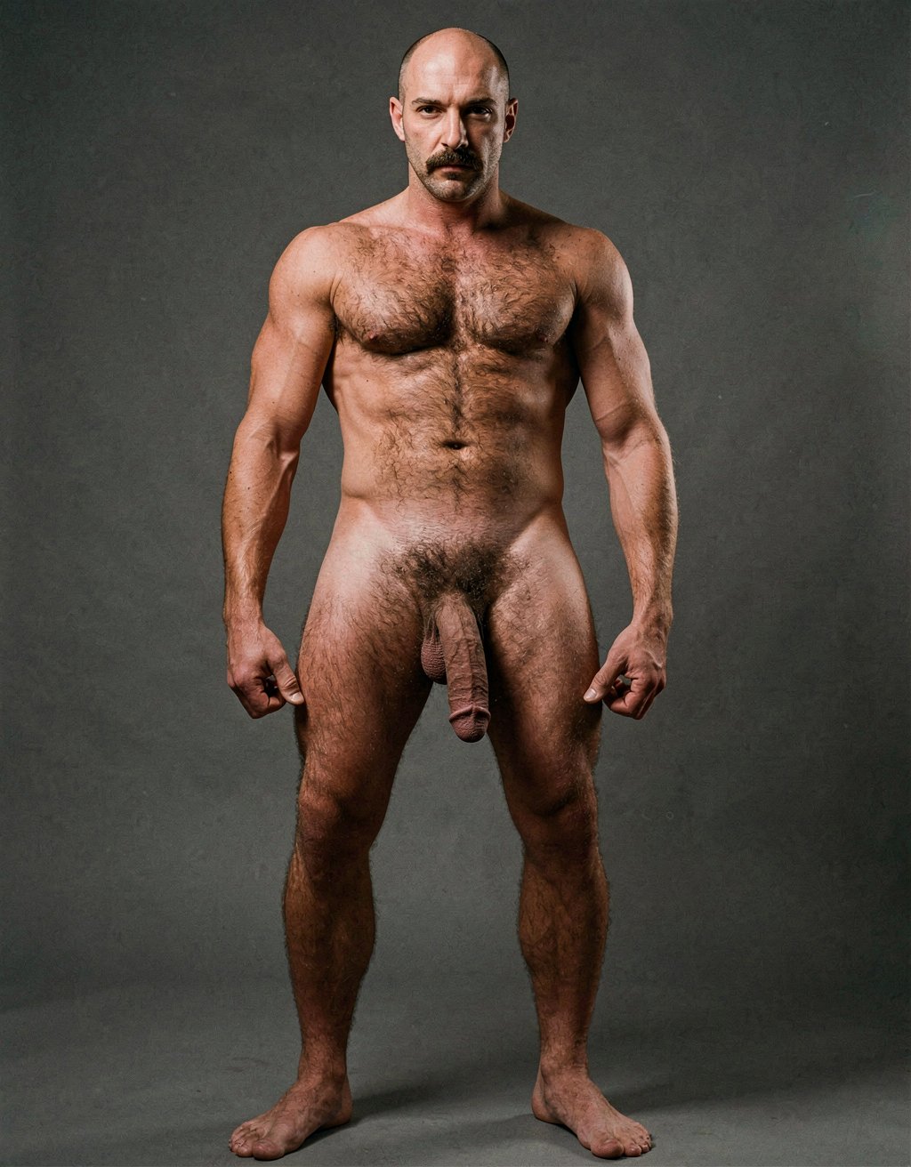 Mike Morris, a 32-year-old Caucasian male with an extremely lean and athletic physique at only 8% body fat, stands completely naked in a strict military attention pose. Full body frontal shot from the tips of his toes to the top of his head. His body is young, dry, and highly defined with sharp muscle separation, visible vascularity, and a very narrow waist. He has advanced Norwood III-IV male pattern baldness with a shiny tanned scalp on top and only short dark brown hair on the sides and back. His face is serious and commanding: square angular jaw, prominent cheekbones, thick dark handlebar mustache, heavy brows, and intense deep-set brown eyes. His massive square pectorals are pushed forward, covered in dense dark brown chest hair that forms a classic thick T-pattern running down the sternum and spreading over his sharply carved six-pack abs. Small dark nipples sit low on the pecs. A prominent trail of dark hair leads to an extremely dense, curly, dark brown pubic bush that climbs almost to his navel. His thick 14 cm flaccid cock hangs heavy over large, low-hanging, hairy testicles, the shaft skin noticeably lighter than his bronzed body. Powerful veined forearms, developed traps, defined quadriceps with clear separation, diamond-shaped calves, and slightly hairy feet complete his figure. He stands perfectly straight, chest out, shoulders back, arms rigid at his sides with fists clenched, head high and gaze fixed forward. Dramatic directional studio lighting from above and slightly to the front creates strong highlights on his dry, vascular skin and deep shadows that accentuate every muscle fiber, the texture of his dense body hair, and the extreme definition of his 8% body fat physique. Photorealistic, high-contrast, 1970s Colt Studio masculine aesthetic, grainy film texture.