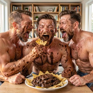 Tres hombres musculosos sin camiseta aparecen muy juntos alrededor de una mesa, cubiertos de manchas y chorretones de chocolate por la cara, el pecho, los brazos y las manos, en una escena caótica y humorística. El hombre del centro, con los ojos cerrados y la boca abierta, sostiene un nacho triangular cargado de salsa de chocolate mientras delante hay un plato blanco lleno de totopos y una gran masa espesa de chocolate derretido. A ambos lados, los otros dos hombres gritan o sacan la lengua con expresión exagerada, también manchados, creando una atmósfera de reto gastronómico, comida desordenada y camaradería. El fondo muestra una sala luminosa con estanterías de libros, plantas y ventanas.