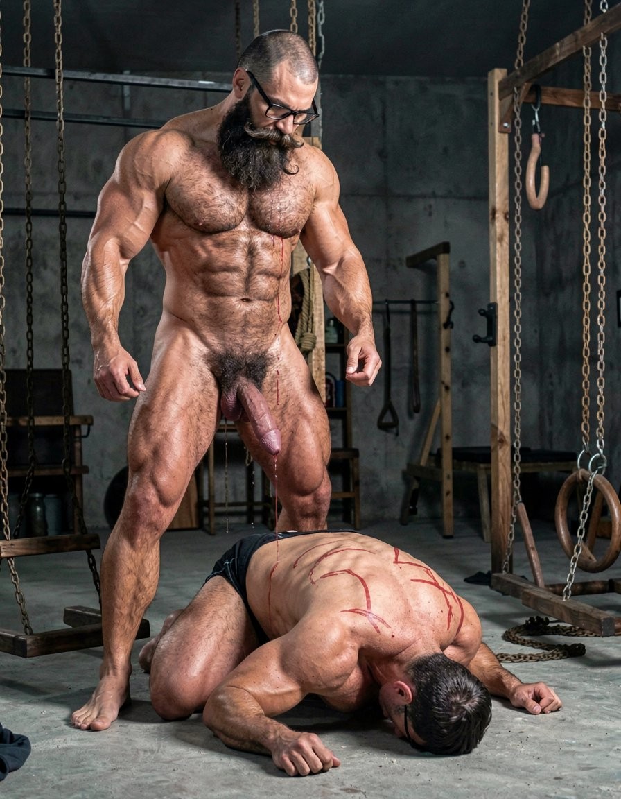 Hyperrealistic cinematic full-body photograph from a perfect side lateral view inside the dark brutal dungeon gym. Dramatic side lighting with strong contrast, deep shadows and visible sweat on skin. All anatomical proportions are perfectly corrected, no distortions or deformations on any body part.

Hipsterbarba stands tall and dominant on the left side of the frame, 40 years old, 180cm, 80kg, 8% body fat, powerful and perfectly proportioned muscle bear physique. Dense dark body hair covers your heavy pecs, shoulders, defined abs and thick thighs. Long thick Bandholz beard reaching almost to your chest, curled handlebar mustache, black glasses, looking down with a cold and superior expression. Your hips are pressed forward, your thick veiny cock is buried completely to the root inside Anil, only your heavy hairy balls visible and pressed tight against his ass.

Anil is positioned on all fours like an obedient animal in the center, 25 years old, extreme bodybuilder slave, 175cm, 80kg, 6% body fat, completely smooth tanned skin from the neck down. Massive 127cm chest hanging low, carved eight-pack visibly contracted, extremely wide V-taper back covered in fresh red whip marks. His round firm 90cm glutes are pushed high and back, showing the deep penetration from the perfect side angle: your thick cock stretching his pink asshole wide open with realistic detail. The tight metal cock ring squeezes the base of his swollen purple cock, which hangs down dripping a long thick string of precum onto the concrete floor. His forehead is pressed against the cold floor, back arched deeply, body trembling slightly.

The concrete floor, hanging chains, wooden stocks and BDSM equipment are visible in the dark background. Extreme photorealistic detail, perfect anatomy and proportions on both bodies, visible stretch and depth of penetration, sweat, red lash marks and raw intensity of total ownership.