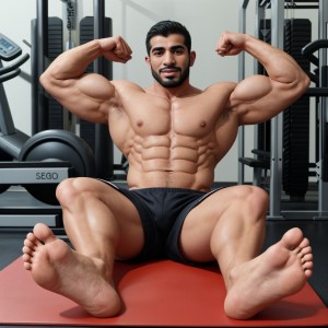 árabe musculoso mostrando los pies descalzos en el gym