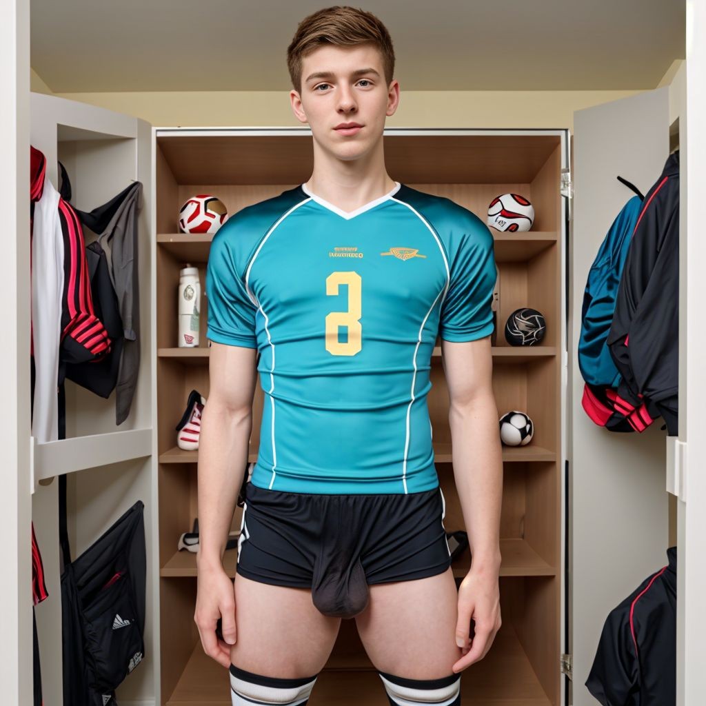 A young athlete stands posing in a locker room, looking directly at the camera with a neutral expression, wearing a tight turquoise soccer or volleyball shirt with white details and the number 3 in yellow on the chest. He wears very tight black shorts, white sports socks with black stripes, and visible thighs, with a frontal and symmetrical posture. Behind him are open wooden lockers with balls, sneakers, bottles, and sportswear hanging, as well as backpacks and jackets in black, red, and blue tones. The scene conveys an atmosphere of team, training, and competitive sport, with even indoor lighting and a centered composition.