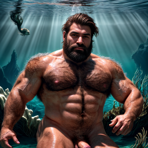 Foto hiperrealista en 8k. Un hermoso hombre sirena musculoso de cuerpo entero muy velludo con cabello corto y un gran pene y testículos . Nada en un bosque submarino de algas marinas, con el cabello flotando ingrávidamente detrás de él, mientras la luz del sol de la superficie se filtra y salpica el entorno.