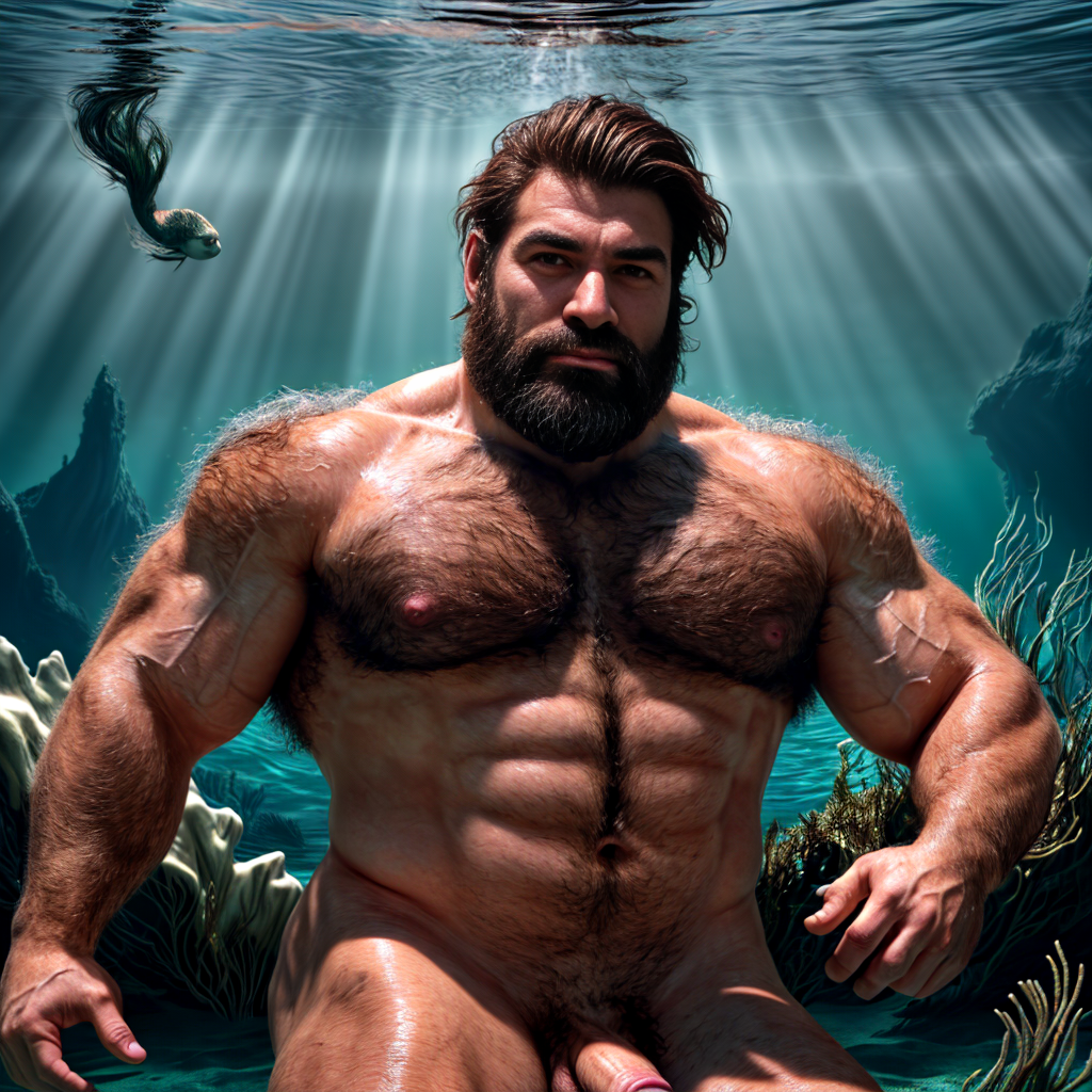 Foto hiperrealista en 8k. Un hermoso hombre sirena musculoso de cuerpo entero muy velludo con cabello corto y un gran pene y testículos . Nada en un bosque submarino de algas marinas, con el cabello flotando ingrávidamente detrás de él, mientras la luz del sol de la superficie se filtra y salpica el entorno.