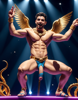 Hermes es el dios de los mensajeros, el comercio, los ladrones, y los viajeros. Tiene sandalias. Tiene un caduceo. Tiene pene grande y largo. Tiene testículos muy grandes. Está agachado. Está acariciando su pene con la mano izquierda. Está cantando en eurovisión con bailarines desnudos y apasionados