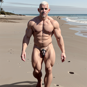 Un hombre musculoso y desnudo camina de frente por una playa amplia de arena húmeda, con el mar y pequeñas olas al fondo bajo un cielo despejado. Tiene el pelo corto teñido de rubio platino, expresión seria y cuerpo extremadamente definido, con pecho, abdominales, brazos y piernas muy marcados. Lleva un dispositivo negro tipo jaula de castidad cubriendo el pene, sujeto en la entrepierna, mientras avanza descalzo dejando huellas en la arena. La escena combina un entorno costero tranquilo, con palmeras lejanas y algunas personas diminutas cerca del agua, con una pose frontal de estilo fitness y físico culturista.