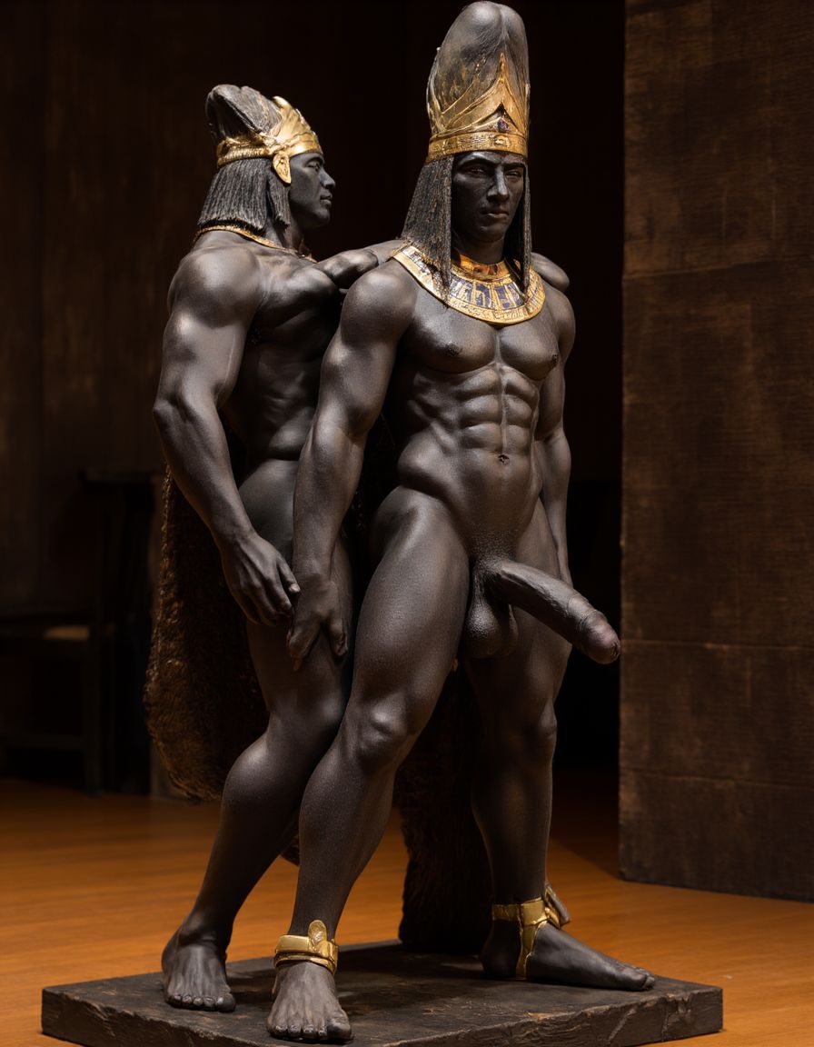 Akhenatón (originalmente llamado Amenhotep IV) fue un faraón egipcio que gobernó durante la Dinastía XVIII (Imperio Nuevo), aproximadamente entre 1353 a.C. y 1336 a.C. Es un hombre faraón de los más fascinantes y revolucionarios de la historia egipcia debido a su radical reforma religiosa. Está totalmente desnudo y en sus pies lleva sandalias de lujo de oro. Tiene un pene erecto de 20 cm de longitud y 8 cm de diámetro. Es admirado por su bello cuerpo de atleta. Tiene grandioso pene de 22 cm de longitud y 9 cm de diámetro y lo tiene en erección. Tiene el pene erecto. Aspecto muy masculino. A su lado hay otro hombre que lo ama, está detrás de él con la mano derecha en su pene, cogiendo el pene con pasión, su pene de 30cm de longitud y 9 cm de diámetro se lo mete en el ano, meneando la polla y acariciando su culo con amor ❤️ . Tienen todos los músculos en tensión, es una imagen muy masculina y viril. Penes en erección, muy excitados. Mucho amor. Sexo explicito muy potente, pasión. Abrazo. Beso en los labios. Sexo anal 