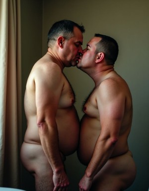 Dos hombres desnudos de perfil se besan de forma íntima junto a una ventana con cortina beige, en una habitación de luz tenue y pared verde oliva. Sus cuerpos están muy próximos, con los torsos, vientres y pechos en contacto, mostrando complexiones robustas, piel clara, vello corporal y posturas relajadas. El hombre de la izquierda tiene el pelo corto oscuro con canas y mira hacia abajo mientras besa al otro; el de la derecha, también con el pelo corto, inclina ligeramente la cabeza hacia arriba. La escena transmite cercanía, afecto y sensualidad masculina, con un encuadre vertical que enfatiza la desnudez, los perfiles, el beso y la intimidad privada.