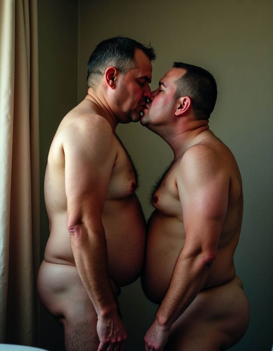 Dos hombres desnudos de perfil se besan de forma íntima junto a una ventana con cortina beige, en una habitación de luz tenue y pared verde oliva. Sus cuerpos están muy próximos, con los torsos, vientres y pechos en contacto, mostrando complexiones robustas, piel clara, vello corporal y posturas relajadas. El hombre de la izquierda tiene el pelo corto oscuro con canas y mira hacia abajo mientras besa al otro; el de la derecha, también con el pelo corto, inclina ligeramente la cabeza hacia arriba. La escena transmite cercanía, afecto y sensualidad masculina, con un encuadre vertical que enfatiza la desnudez, los perfiles, el beso y la intimidad privada.