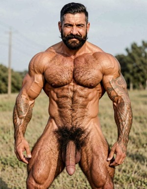 A powerful 35-year-old rural alpha male, 1.85m tall, 80kg, extremely dry and fibrous with 5% body fat, pure hard muscle that looks imposing. Square, hard masculine face with very prominent wide jaw, marked chin, high square cheekbones, slightly wrinkled forehead from frowning. Thick well-groomed black mustache with perfect alignment but noticeable volume, dense black eyebrows almost meeting in the center, small dark penetrating eyes with cold, disdainful, naturally arrogant look full of contempt. Straight somewhat wide nose, thin lips with permanent superior and arrogant expression as if about to spit on you. When he smirks sideways the mustache twists and deep wrinkles form on his cheeks making him look even more of a bastard. Sun-tanned golden skin with warm glow. Completely hairy torso covered in dense rough black hair that swirls thickest around dark hard nipples, wide shoulders and narrow waist in a perfect dominant triangle shape. Thick treasure trail of black hair running down defined abs, exploding into wild thick messy black pubic bush that covers the entire pubic area, surrounds the base of his heavy thick cock and climbs several centimeters up the lower belly and into the groin. Arms covered in black hair from shoulders to wrists, especially dense on forearms. Very hairy back and shoulders too. Massive 26cm even flaccid cock, 7cm thick diameter, heavy and hanging low between muscular thighs, dark brown skin tone darker than the rest of his body, heavily veined with one thick prominent vein running along the top, slightly rugose texture, very generous thick fleshy foreskin that completely covers the head forming a long heavy overhang with darker rim and shiny moisture visible at the opening. Large mushroom-shaped glans in dark pink-purple with very pronounced corona and wide piss slit, thick fleshy frenulum lighter in color. Heavy low-hanging scrotum with large balls, dark wrinkled skin completely covered in thick curly black hair, balls move freely inside the sack. Round high muscular ass with firm cheeks covered in black hair on top and between them, small tight hole surrounded by a visible ring of finer black hair. Extremely muscular veiny arms with big calloused working hands, high round biceps that bulge like hard balls with thick vein on top, very defined triceps with visible horse shoe, thick wide forearms full of cord-like veins, dense black hair on outer forearms. Powerful legs built for hard work and hard fucking: dense thighs with bulging vastus lateralis, separated quad sweeps, visible veins running from groin to knee, rock-hard hamstrings and defined tendons, diamond-shaped calves with two distinct hard heads covered in black curly hair. Dense rough black hair all over legs, thicker on upper thighs. Overall extremely dominant, arrogant rural stud with cold superior stare, thick black mustache and permanent smirk that says he owns you. Photorealistic, highly detailed, sharp focus, dramatic lighting that highlights every muscle, vein and hair.