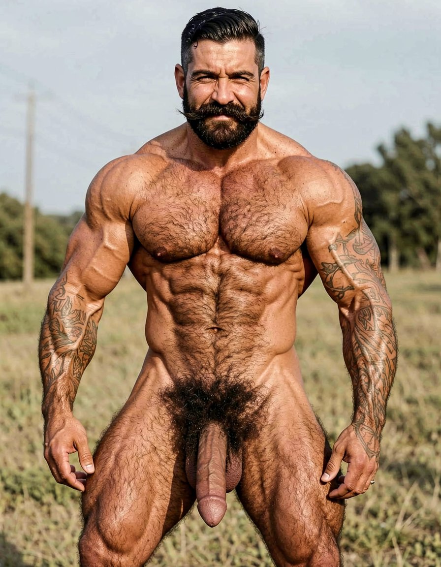 A powerful 35-year-old rural alpha male, 1.85m tall, 80kg, extremely dry and fibrous with 5% body fat, pure hard muscle that looks imposing. Square, hard masculine face with very prominent wide jaw, marked chin, high square cheekbones, slightly wrinkled forehead from frowning. Thick well-groomed black mustache with perfect alignment but noticeable volume, dense black eyebrows almost meeting in the center, small dark penetrating eyes with cold, disdainful, naturally arrogant look full of contempt. Straight somewhat wide nose, thin lips with permanent superior and arrogant expression as if about to spit on you. When he smirks sideways the mustache twists and deep wrinkles form on his cheeks making him look even more of a bastard. Sun-tanned golden skin with warm glow. Completely hairy torso covered in dense rough black hair that swirls thickest around dark hard nipples, wide shoulders and narrow waist in a perfect dominant triangle shape. Thick treasure trail of black hair running down defined abs, exploding into wild thick messy black pubic bush that covers the entire pubic area, surrounds the base of his heavy thick cock and climbs several centimeters up the lower belly and into the groin. Arms covered in black hair from shoulders to wrists, especially dense on forearms. Very hairy back and shoulders too. Massive 26cm even flaccid cock, 7cm thick diameter, heavy and hanging low between muscular thighs, dark brown skin tone darker than the rest of his body, heavily veined with one thick prominent vein running along the top, slightly rugose texture, very generous thick fleshy foreskin that completely covers the head forming a long heavy overhang with darker rim and shiny moisture visible at the opening. Large mushroom-shaped glans in dark pink-purple with very pronounced corona and wide piss slit, thick fleshy frenulum lighter in color. Heavy low-hanging scrotum with large balls, dark wrinkled skin completely covered in thick curly black hair, balls move freely inside the sack. Round high muscular ass with firm cheeks covered in black hair on top and between them, small tight hole surrounded by a visible ring of finer black hair. Extremely muscular veiny arms with big calloused working hands, high round biceps that bulge like hard balls with thick vein on top, very defined triceps with visible horse shoe, thick wide forearms full of cord-like veins, dense black hair on outer forearms. Powerful legs built for hard work and hard fucking: dense thighs with bulging vastus lateralis, separated quad sweeps, visible veins running from groin to knee, rock-hard hamstrings and defined tendons, diamond-shaped calves with two distinct hard heads covered in black curly hair. Dense rough black hair all over legs, thicker on upper thighs. Overall extremely dominant, arrogant rural stud with cold superior stare, thick black mustache and permanent smirk that says he owns you. Photorealistic, highly detailed, sharp focus, dramatic lighting that highlights every muscle, vein and hair.