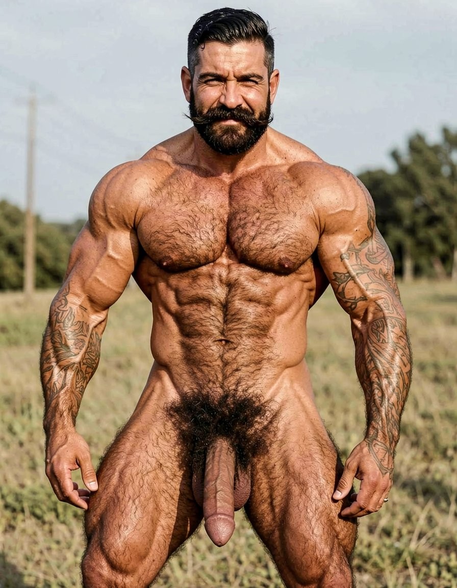 A powerful 35-year-old rural alpha male, 1.85m tall, 80kg, extremely dry and fibrous with 5% body fat, pure hard muscle that looks imposing. Square, hard masculine face with very prominent wide jaw, marked chin, high square cheekbones, slightly wrinkled forehead from frowning. Thick well-groomed black mustache with perfect alignment but noticeable volume, dense black eyebrows almost meeting in the center, small dark penetrating eyes with cold, disdainful, naturally arrogant look full of contempt. Straight somewhat wide nose, thin lips with permanent superior and arrogant expression as if about to spit on you. When he smirks sideways the mustache twists and deep wrinkles form on his cheeks making him look even more of a bastard. Sun-tanned golden skin with warm glow. Completely hairy torso covered in dense rough black hair that swirls thickest around dark hard nipples, wide shoulders and narrow waist in a perfect dominant triangle shape. Thick treasure trail of black hair running down defined abs, exploding into wild thick messy black pubic bush that covers the entire pubic area, surrounds the base of his heavy thick cock and climbs several centimeters up the lower belly and into the groin. Arms covered in black hair from shoulders to wrists, especially dense on forearms. Very hairy back and shoulders too. Massive 26cm even flaccid cock, 7cm thick diameter, heavy and hanging low between muscular thighs, dark brown skin tone darker than the rest of his body, heavily veined with one thick prominent vein running along the top, slightly rugose texture, very generous thick fleshy foreskin that completely covers the head forming a long heavy overhang with darker rim and shiny moisture visible at the opening. Large mushroom-shaped glans in dark pink-purple with very pronounced corona and wide piss slit, thick fleshy frenulum lighter in color. Heavy low-hanging scrotum with large balls, dark wrinkled skin completely covered in thick curly black hair, balls move freely inside the sack. Round high muscular ass with firm cheeks covered in black hair on top and between them, small tight hole surrounded by a visible ring of finer black hair. Extremely muscular veiny arms with big calloused working hands, high round biceps that bulge like hard balls with thick vein on top, very defined triceps with visible horse shoe, thick wide forearms full of cord-like veins, dense black hair on outer forearms. Powerful legs built for hard work and hard fucking: dense thighs with bulging vastus lateralis, separated quad sweeps, visible veins running from groin to knee, rock-hard hamstrings and defined tendons, diamond-shaped calves with two distinct hard heads covered in black curly hair. Dense rough black hair all over legs, thicker on upper thighs. Overall extremely dominant, arrogant rural stud with cold superior stare, thick black mustache and permanent smirk that says he owns you. Photorealistic, highly detailed, sharp focus, dramatic lighting that highlights every muscle, vein and hair.