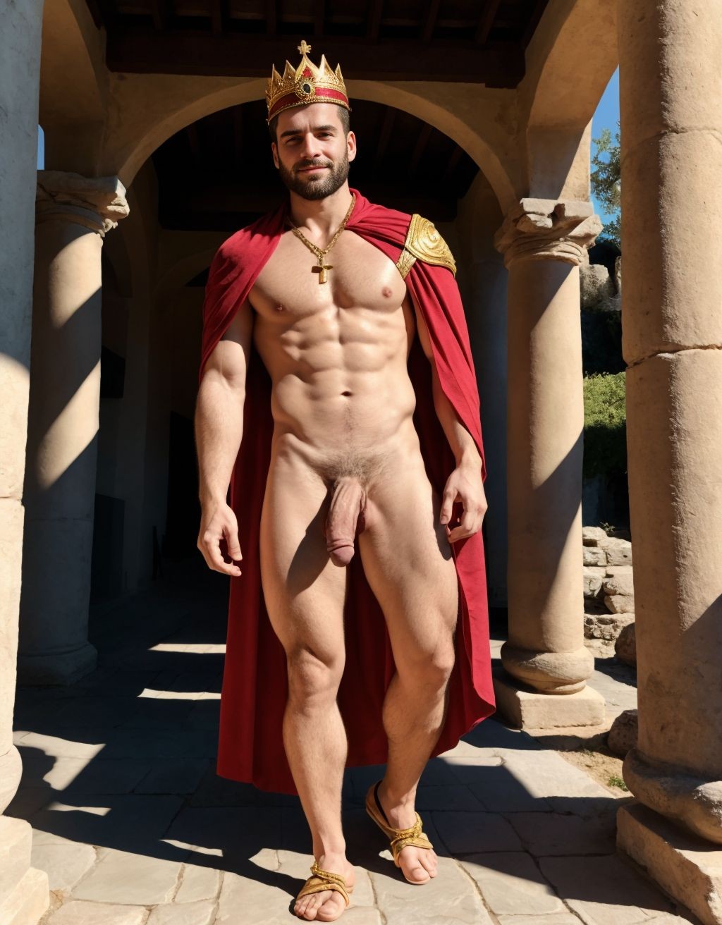 Hombre griego del siglo 1. Esta en un poblado del siglo 1 con casas antiguas. Está desnudo. Tiene un pene grande colgando entre las piernas. Tiene dos testículos gordos y peludos colgando entre las piernas. Tiene sandalias marrones en los pies. Está de pie mirando sus sandalias de los pies. Está contento. Tiene una corona de oro con diamantes en la cabeza. Tiene un collar de cadena de oro con una cruz colgando del cuello. Tiene una capa roja colgada del cuello hacia la espalda.