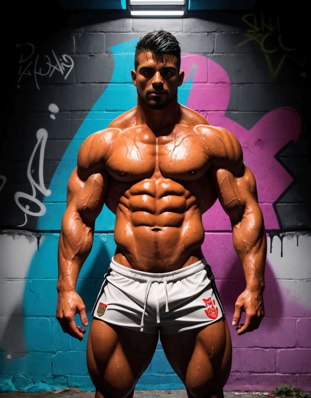 Hombre musculoso de 28 años, cuerpo desnudo, gotas de agua resbalando por su piel brillante, parado en una mazmorra oscura, expresión serena y cansada, estilo pop art y graffiti, texturas húmedas, fondo desenfocado, enfoque en su físico atlético y poderoso, destacando su condición de jugador de fútbol.