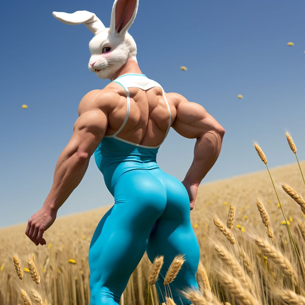 sexy conejito de pascua masculino en lycra visto desde medio lateral medio atrás con bonitas nalgas, pero no tan hypermusculado, de pie en un campo de centeno y flores