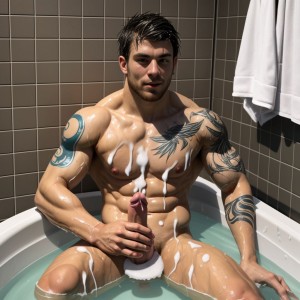 Hombre desnudo, jugador de fútbol, sentado en una bañera de hidromasaje, agua espumosa, músculos definidos, pelo mojado, mirada relajada, pene visible, tatuajes en el torso, jabón y burbujas en la piel, ambiente tranquilo y sensual.