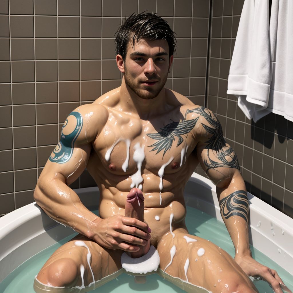 Hombre desnudo, jugador de fútbol, sentado en una bañera de hidromasaje, agua espumosa, músculos definidos, pelo mojado, mirada relajada, pene visible, tatuajes en el torso, jabón y burbujas en la piel, ambiente tranquilo y sensual.