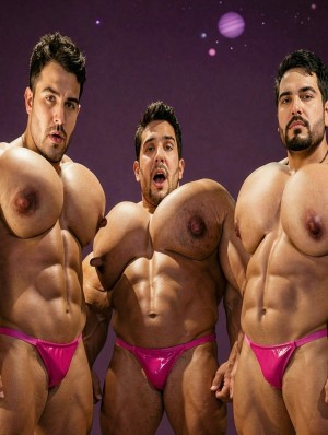 Tres cachas ciclados muestran grandes pechos y pezones, pero  minipenes en sus tangas maricas. 