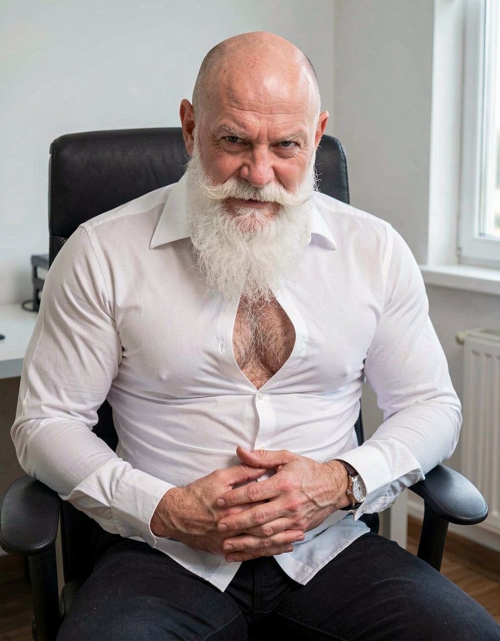 Mature bald man sitting in a black office chair, with a long, thick white beard and a prominent mustache that give him a serious and dominant appearance. He wears a fitted white shirt, partially unbuttoned at the chest, revealing body hair, and dark pants. His hands are clasped on his lap, with a watch on his wrist, while he looks directly at the camera with an intense and confident expression. The setting appears to be a bright, sober office, with a light-colored wall, side window, radiator, and wooden floor, creating an elegant, firm, and professional masculine portrait scene.