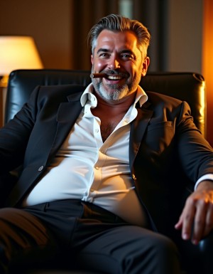 Un hombre de 47 años, directivo de ventas, con un físico imponente de 1.90 metros de estatura, sentado en un sillón de cuero negro, con un traje negro ajustado que realza su cuerpo fuerte pero con una gran barriga que delata su edad y estilo de vida. Su cabello entrecano, peinado hacia atrás, muestra un toque de distinción y madurez, mientras que su barba bien recortada y definida le da un aire de autoridad y masculinidad. La camisa blanca que lleva está desabrochada en el pecho, permitiendo ver un vello púbico abundante y un pecho abultado que sugiere una buena condición física. Sus ojos, con una mirada intensa y llena de deseo, se clavan hacia el frente, como si estuviera esperando algo o a alguien. La luz del ambiente resalta sus facciones fuertes y su presencia dominante, mientras que su postura relajada en el sillón transmite confianza y seguridad en sí mismo. El traje, perfectamente confeccionado, marca cada curva de su cuerpo, destacando su complexión atlética y su presencia imponente. La escena está iluminada con una luz suave y cálida, que realza los colores y texturas del traje y del sillón, creando un ambiente sensual y provocativo. Sonríe con deseo y superioridad con un puro en la boca.
