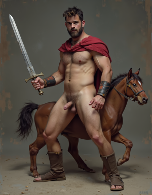 Espartaco en el año 73 a. C. está en Italia del siglo I a.C.. Espartaco es un esclavo y gladiador de combate hombre musculoso y con una altura de 185 cm que está totalmente desnudo. Tiene un pene erecto de 38 cm de longitud y 9 cm de diámetro. Lleva sandalias en sus pies. Tiene la piel con cicatrices leves, arrugas de expresión marcadas y la textura propia de alguien que vive a la intemperie, con rastros de polvo y sudor y está totalmente desnudo. Lleva sandalias de color marón. Tiene músculos muy marcados y muy definidos, tiene mucho vello en su pecho, tiene mucho vello en sus brazos y en sus piernas, tiene aspecto muy masculino y está totalmente desnudo. Tiene sandalias romanas de gladiador en sus pies. Tiene un rostro anguloso y curtido por el sol del Mediterráneo, sus pómulos son marcados y la mandíbula es ancha, denotando una voluntad férrea. Tiene ojos intensos y profundos, con una expresión que mezcla la fatiga de la guerra con la determinación de un líder, tiene cejas pobladas y algo fruncidas. Tiene el cabello de color oscuro (castaño profundo oscuro), lleva el cabello corto pero abundante y desordenado, es un cabello grueso y práctico para el combate. Tiene barba no arreglada, sino una de varios días o semanas, tiene barba densa y algo descuidada, lo que refuerza su imagen de rebelde en constante movimiento. Su cuerpo es el de un atleta funcional totalmente desnudo, tiene una musculatura fibrosa, compacta y muy definida, resultado de años de entrenamiento extremo en la escuela de gladiadores y supervivencia en batalla. Tiene hombros y cuello muy anchos y potentes, desarrollados por el uso constante de la espada y el escudo pesado. Tiene el torso con mucho vello y con cicatrices de antiguos combates en la arena, lo que cuenta su historia de supervivencia antes de la gran rebelión. Tiene sandalias romanas de gladiador en sus pies. Tiene un pene erecto de 38 cm de longitud y 9 cm de diámetro. Tiene sandalias de color marrón.

Fondo de hombres gladiadores desnudos luchando. Está  hombre Léntulo Batiato  totalmente desnudo con pene de 30 cm de longitud y 8 cm de diámetro  en Capua, están junto al hombre Criso totalmente desnudo con pene erecto de 38 cm de longitud y 8,5 cm de diámetro y el hombre Enomao también totalmente desnudo con pene erecto de 37 cm de longitud y 8 cm de diámetro. Hombre Léntulo Batiato está fornicando por el culo a hombre Criso y maltratando. Espartaco fornica con hombre Cayo Claudio Glabro (hombre Cayo Claudio Glabro está totalmente desnudo con pene erecto de 37 cm de longitud y 7 cm de diámetro). Espartaco y hombre Cayo Claudio Glabro inician una rebelión en Roma. 