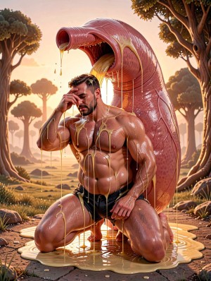 Un hombre musculoso de pelo oscuro y barba aparece arrodillado en un claro de bosque al atardecer, vestido solo con un slip negro empapado, cubierto por abundante baba amarillenta que cae sobre su torso, brazos, muslos y el suelo formando un charco brillante. Detrás de él se alza una enorme criatura rosada con aspecto de babosa o gusano gigante, piel húmeda y viscosa, boca abierta en forma de tubo y pliegues carnosos, de la que gotea más fluido espeso. La escena tiene un tono fantástico y surrealista, con árboles altos, luz dorada del sol poniente y una composición dramática que combina erotismo visual, monstruo viscoso, naturaleza y atmósfera cinematográfica.