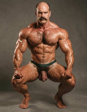 Mike Morris, the 32-year-old Caucasian bodybuilder with an athletic and extremely defined muscular physique, stands at full attention in a strict military pose, feet together, legs straight, back rigidly upright, shoulders back, chest thrust forward, arms at his sides with fists clenched, and head held high looking straight ahead with a serious, almost threatening expression. Full body shot from the tips of his toes to the top of his bald head. He is completely naked. His advanced Norwood III-IV male pattern baldness is clearly visible, with a shiny tanned scalp on top, short dark brown hair only on the sides and back. His square, angular face with strong jaw, prominent cheekbones, thick dark handlebar mustache, heavy brows, and intense deep-set brown eyes under slightly hooded lids stares forward with firm authority. His massive square pectorals are pushed out, dark brown chest hair forming a dense classic T-pattern down the sternum and spreading across his wide six-pack abs. Small dark nipples sit low on the pecs. A trail of dark hair leads to an extremely dense, thick, curly dark brown pubic bush that climbs almost to his navel. His heavy 14 cm flaccid cock hangs thick over large, low-hanging hairy testicles, the skin of the shaft noticeably lighter than his tanned body. Powerful veined forearms, developed traps flowing into delts, defined quads with visible separation, diamond-shaped calves, and hairy feet complete the figure. Warm directional studio lighting from above and slightly to the side creates sharp highlights on his oiled skin, deep shadows that accentuate every muscle fiber, the texture of his dense body hair, and the contrast between his tanned body and lighter genital area. Photorealistic, 1970s Colt Studio aesthetic, high contrast, masculine and commanding presence, grainy film texture. Tiene puesto un ajustado tanga estrecho de color verde oscuro, ... Está agachado.