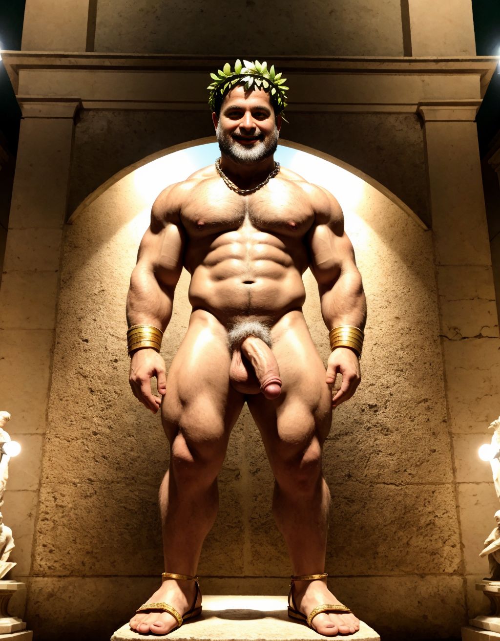 El dios Priapo de Pompeya está desnudo. Priapo es el dios de la fertilidad de la mitología romana. Está en el museo de Nápoles. Tiene un pene muy grande y erecto. Tiene mucho vello por todo el cuerpo. Tiene sandalias en los pies. Tiene músculos muy definidos. Tiene una corona de laurel. Está sonriendo. Levanta una mano para saludar al público. El cuerpo está iluminado con focos de luz blanca. Tiene los ojos verdes. Lleva una cadena brillante en los pies. Tiene mucho vello moreno.