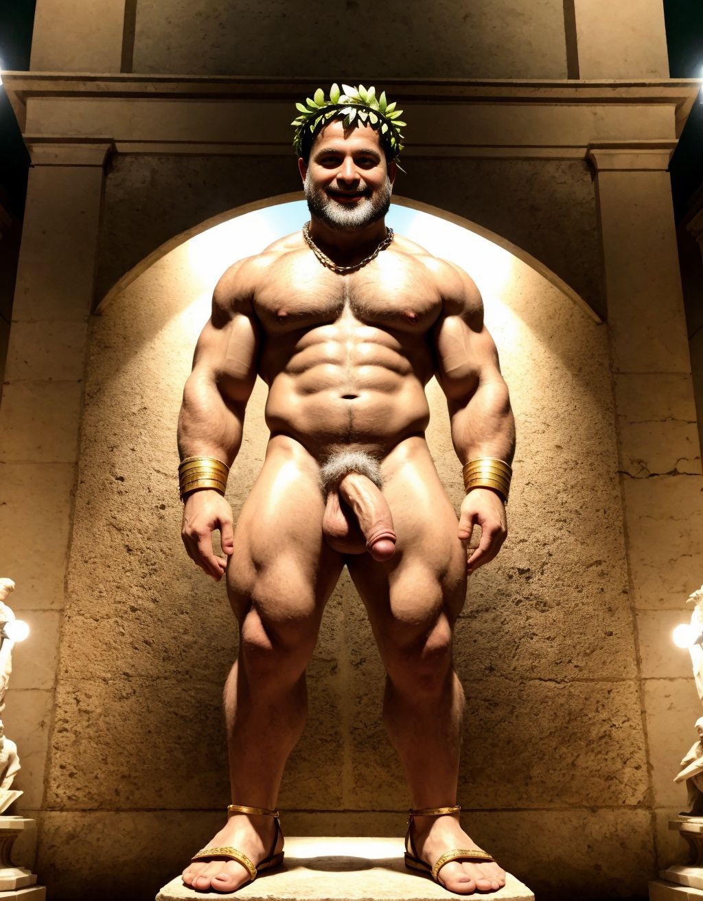El dios Priapo de Pompeya está desnudo. Priapo es el dios de la fertilidad de la mitología romana. Está en el museo de Nápoles. Tiene un pene muy grande y erecto. Tiene mucho vello por todo el cuerpo. Tiene sandalias en los pies. Tiene músculos muy definidos. Tiene una corona de laurel. Está sonriendo. Levanta una mano para saludar al público. El cuerpo está iluminado con focos de luz blanca. Tiene los ojos verdes. Lleva una cadena brillante en los pies. Tiene mucho vello moreno.