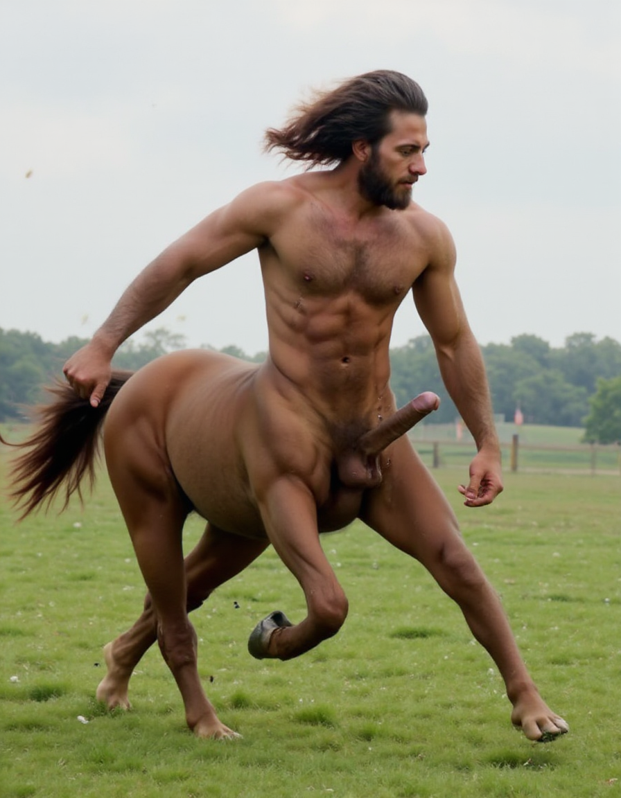 Caballo marrón pardo totalmente desnudo cuerpo entero con polla erecta gigante a la vista y huevos gordos a la vista colgando d la base de su polla 🫏, (solo tiene cuatro patas, no distorsión) es un macho viril. Tiene cabeza de hombre con torso peludo musculado y brazos peludos musculosos. Es un centauro masculino. Pelo largo despeinado y movido por el aire. Está corriendo sobre la hierva del prado.