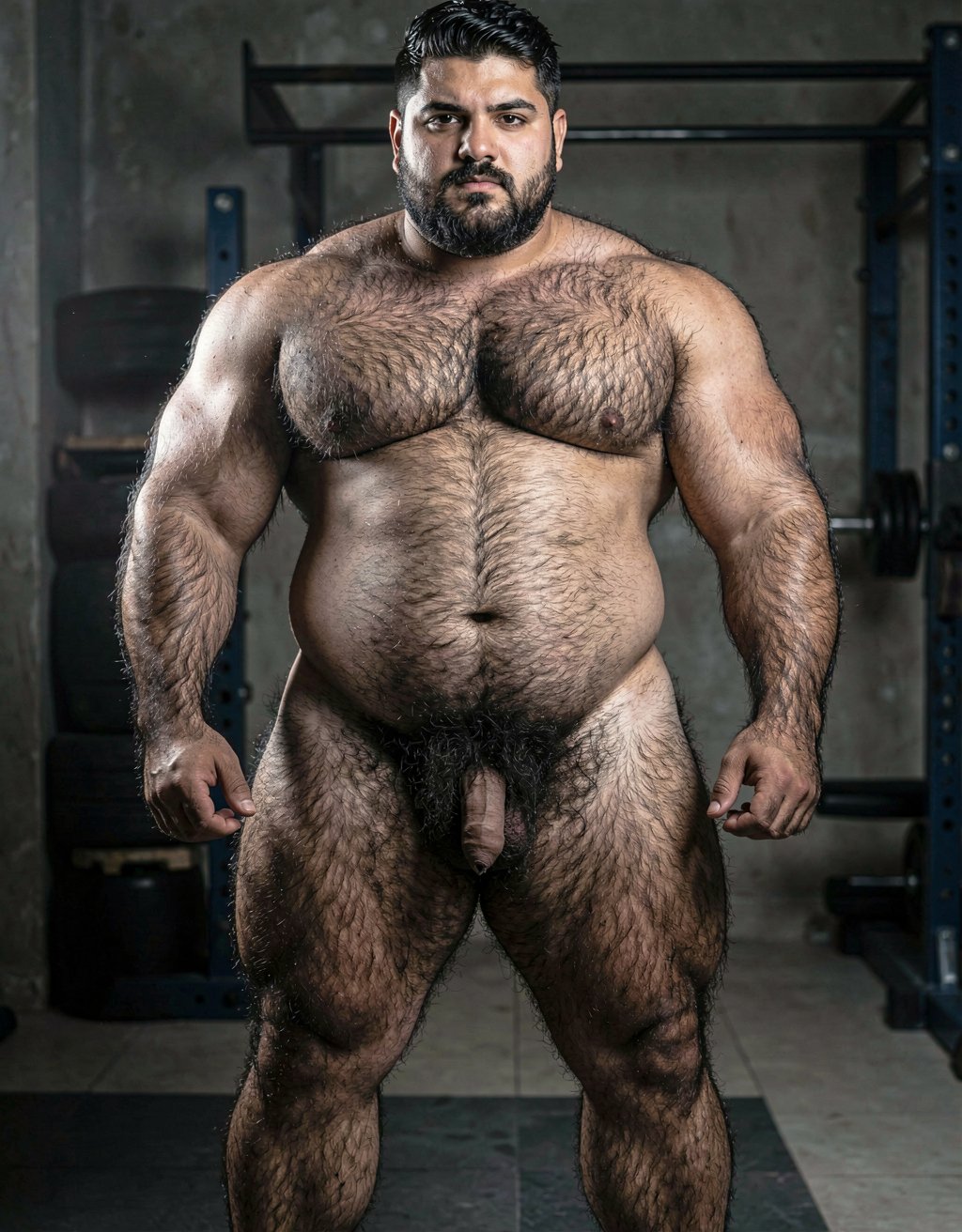 Hyper-realistic full-body portrait of a confident fat Arabic man with thick dense dark body fur covering chest, arms, belly and legs, standing powerfully facing camera with dominant expression, proudly displaying his large hairy physique, thick unruly pubic hair partially obscuring his very tiny penis, striking contrast between bulk and diminutive manhood, dramatic cinematic lighting, rich skin and fur textures, subtle shadows accentuating muscle definition, natural skin tones, ultra-detailed anatomy, photorealistic, sharp focus, 8k quality, --ar 3:4 --stylize 150