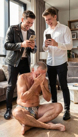 A mature man in his 50s, wearing only a revealing tanga that exposes his genital area, sits on the floor with his legs bent and his hands covering his face, displaying a deeply humiliated and ashamed expression. His body language conveys defeat and submission.

Two young men, both in their mid-20s, stand tall and imposing over him, their sharp, fashionable clothes and fit physiques accentuating their confidence and dominance. They are dressed in stylish outfits, possibly designer labels, that reflect their youthful energy and modern tastes. One of them wears a sleek, black leather jacket, while the other has on a crisp, white shirt, both of which contrast sharply with the older man's near-naked state.

Both young men are laughing, their faces filled with amusement and mockery as they record the scene on their smartphones, capturing every detail of the older man's humiliation. The daylight streaming into the room highlights the power dynamic at play, with the young men basking in their superiority and the older man drowning in his shame.

The indoor setting, possibly a luxurious living room or a trendy loft, adds to the sense of invasion and vulnerability, as the older man is subjected to public humiliation in a private space. The focus is on the stark contrast between the older man's nudity and the young men's stylish attire, as well as the cruel delight they take in his degradation. The scene is hyper-realistic, with high-quality details that emphasize the nuances of the power dynamic and the depths of the older man's shame.