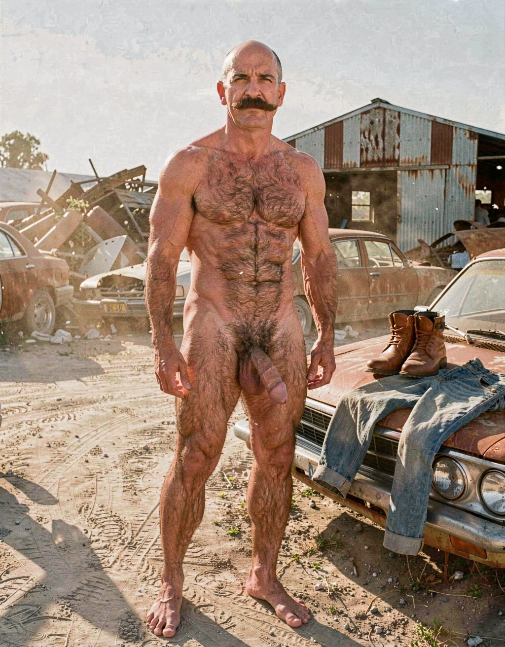 Mike Morris. A 32-year-old Mike Morris as Mr. Harris stands completely naked and barefoot in a dusty abandoned scrapyard under the harsh Texas sun, surrounded by rusted car wrecks, crushed metal piles and an old corrugated iron shed with peeling paint. His face is long, square and angular with high prominent cheekbones, a wide defined jaw, and a strong chin with a subtle dimple, his high broad forehead fully exposed under the sun with advanced Norwood III-IV baldness leaving the crown completely smooth and shiny, only short dark brown hair remaining on the sides and back. His thick dense handlebar mustache in dark brown covers his entire upper lip, his serious threatening expression with deep-set dark brown almond-shaped eyes under heavy drooping lids staring directly at the viewer. Heat haze shimmers in the background. His short thick veined neck and developed trapezius muscles connect to massive square pectorals with visible striations, six defined ab blocks, and dense dark brown body hair spreading in a T-pattern across his chest and down to his extremely dense dark brown pubic bush. His thick 24 cm erect cock stands fully engorged at 5 cm wide, pointing upward with prominent thick dorsal veins and a pink-reddish glans fully exposed, the pale shaft skin starkly contrasting with the dark pubic bush. Large low-hanging testicles hang beneath with wrinkled darker skin. His heavily muscled extremely hairy thighs and diamond-shaped calves are covered in dark brown hair. His bare size 44 EU feet are planted on the dry cracked earth. A pair of brown leather work boots and faded blue jeans lie discarded on a rusted car hood beside him, suggesting he just stripped for the scene. Golden late afternoon sunlight casts long shadows across his muscular hairy body, dust particles floating in the warm air, with a 1970s gritty film aesthetic, warm amber and ochre color palette, visible film grain, and the raw documentary-style erotic photography of classic gay porn from that era.