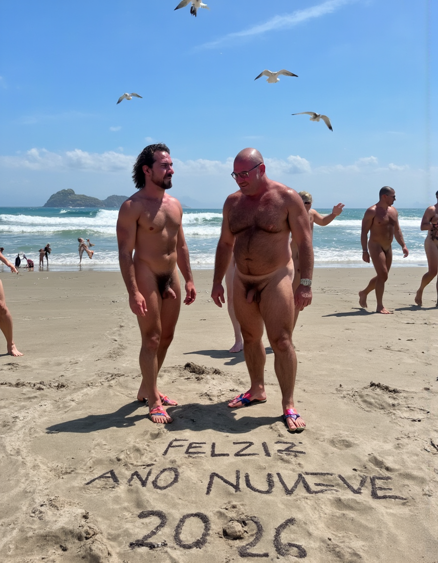 Dos hombres desnudos posan de pie sobre la arena de una playa soleada, con el mar y las olas al fondo, mientras varias gaviotas vuelan en un cielo azul despejado. Ambos llevan chanclas y tienen el pene visible; uno aparece con pelo oscuro y barba, y el otro es calvo, con gafas de sol y el torso velludo. Alrededor hay otras personas desnudas caminando o bañándose, lo que sugiere una playa nudista con ambiente relajado de verano. En primer plano, escrito a mano en la arena, aparece el mensaje “FELZI ANO NUMEVE 2026”, una versión mal escrita de “Feliz Año Nuevo 2026”, añadiendo un tono humorístico y festivo a la escena costera.