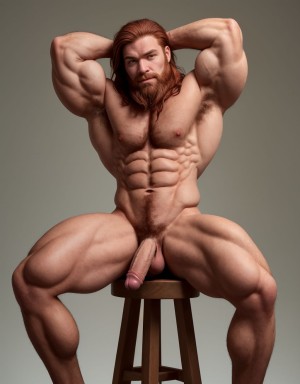 Hombre caucásico con piel clara y complexión atlética, cabello rojizo lacio y largo, barba incipiente, expresión de desprecio, vello corporal abundante y rojizo, de 1,9 metros de altura, sixpack visible, manos detrás de la cabeza, trapecios marcados, pene y testículos visibles. Sentado en un taburete de madera, fondo gris degradado, músculos desarrollados, hombros prominentes, deltoides marcados, fondo gris claro.