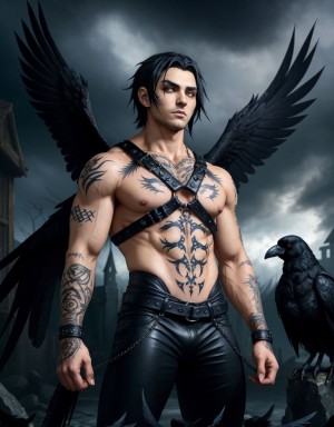 Hombre musculoso con arnés gótico, rodeado de cuervos negros, tatuajes oscuros, ojos intensos, cabello negro despeinado, ambiente sombrío y misterioso, cuervos sobre sus hombros y brazos, plumas negras esparcidas, ropa oscura y ajustada, detalles góticos y simbólicos, atmósfera oscura y emotiva.