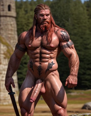 Guerrero nórdico de 20 años desnudo, de facciones hermosas, musculoso, cuerpo muy velludo, mostrando orgulloso su pene, tatuajes vikingos, barba larga, cabello rojizo, fondo de batalla medieval, armadura rota, mirada desafiante, piel sudorosa, anatomía detallada.